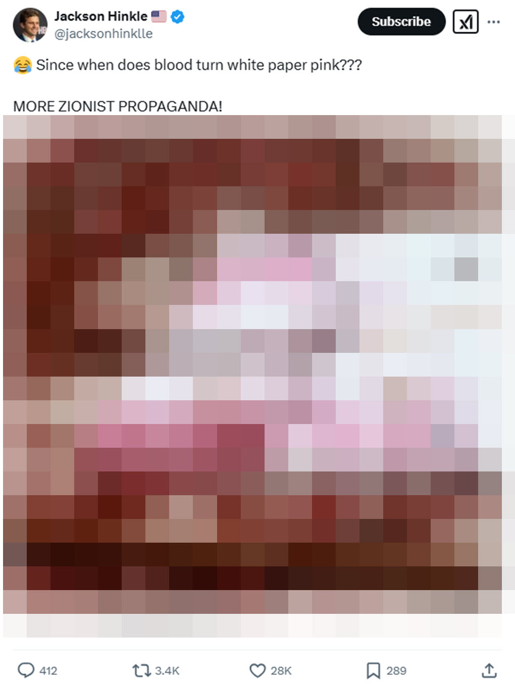 Far-right influencer Jackson Hinkle suggests a photo showing the bloody aftermath of the October 7 attacks was fabricated in an October 2024 post on X.