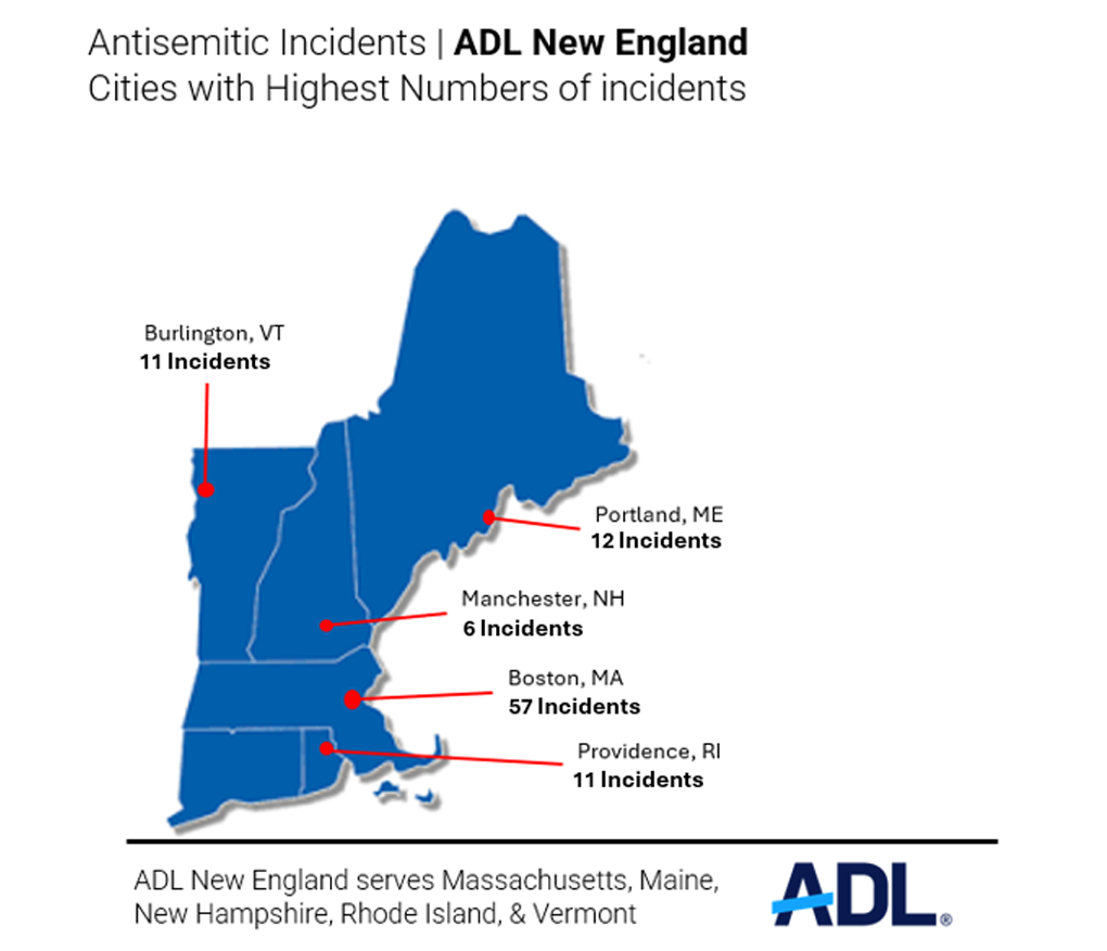 Focus map portion of New England and cities with highest numbers of antisemitic incidents
