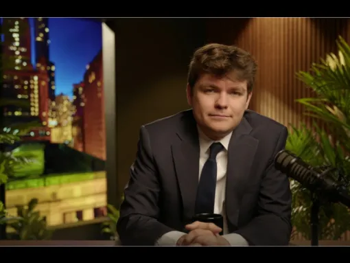 Nick Fuentes hosts a livestream of "America First with Nicholas J. Fuentes" on April 3, 2025